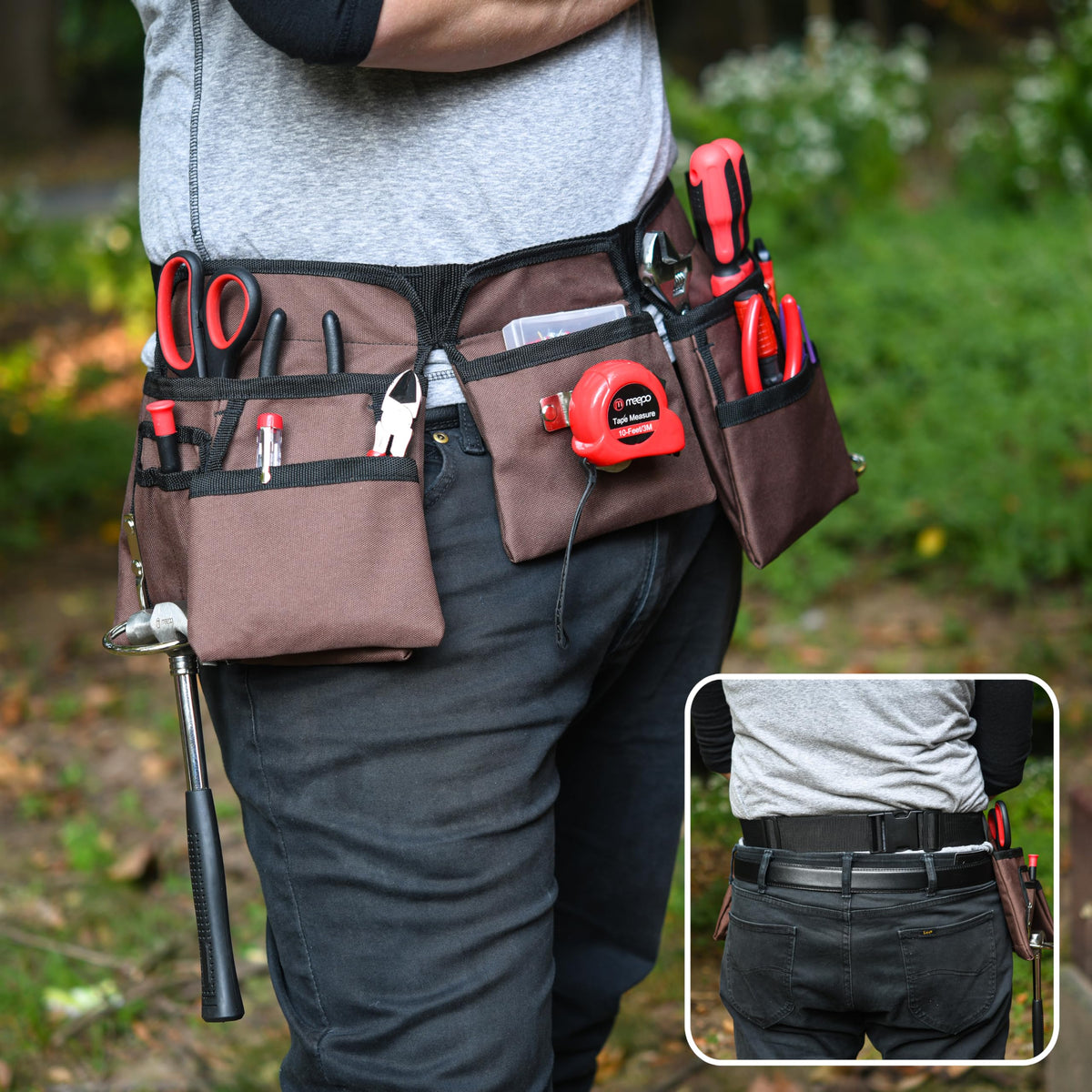 11 Pocket Brown and Black Heavy Duty Construction Tool Belt, Work Apron, Tool Pouch, with Poly Web Belt Quick Release Buckle - Adjusts from 33” Inches All the Way to 50” Inches