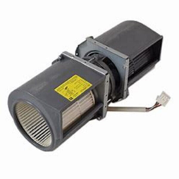 Samsung microwave vent fan motor assembly, with a black color scheme, including a wire connector and a yellow warning label.