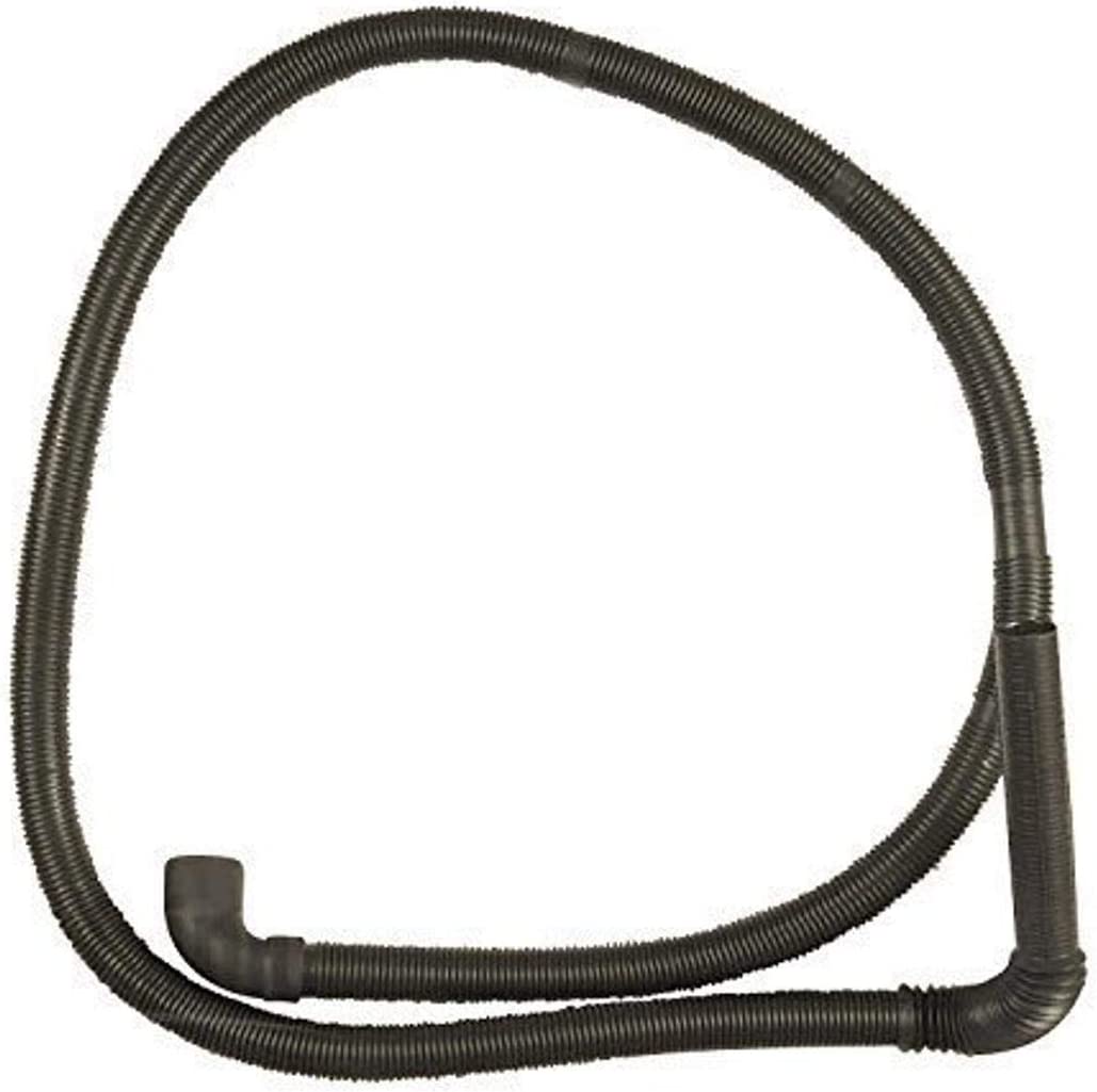 A black drain hose for a washing machine with metal connectors on both ends.