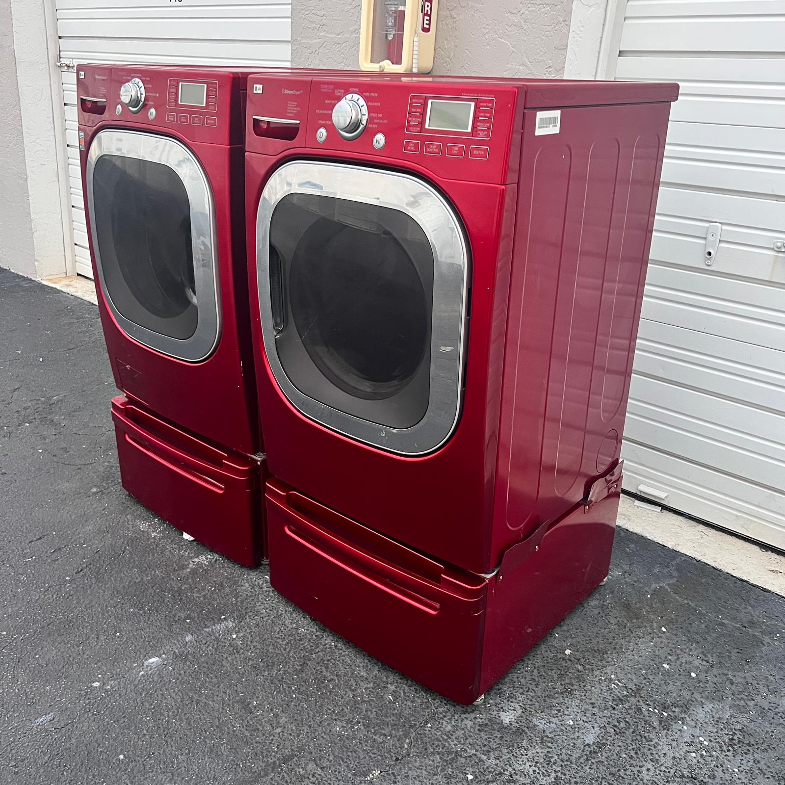 LG Washer and Dryer Front Load with Pedestal Set - Red